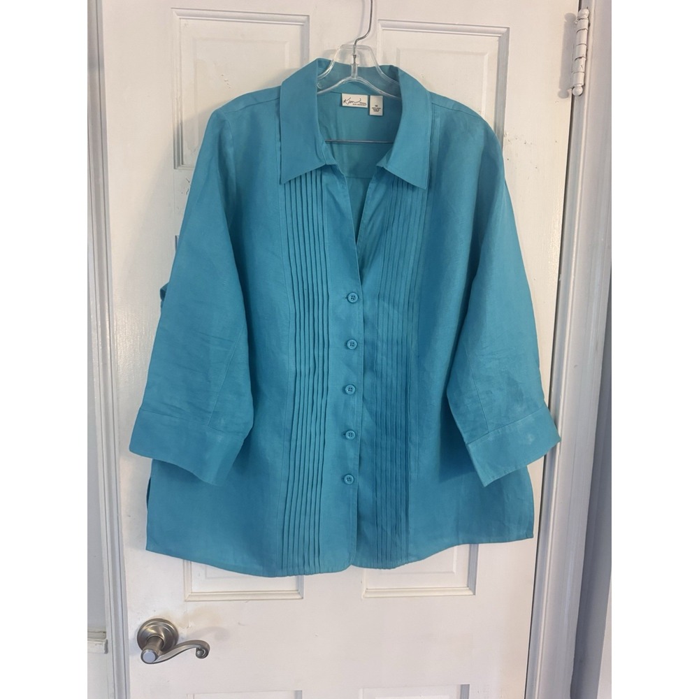 Kim Rogers 100% Linen Pintuck Tunic 3/4 Sleeve Shirt Sz 1X Blue‎ Travel Beach